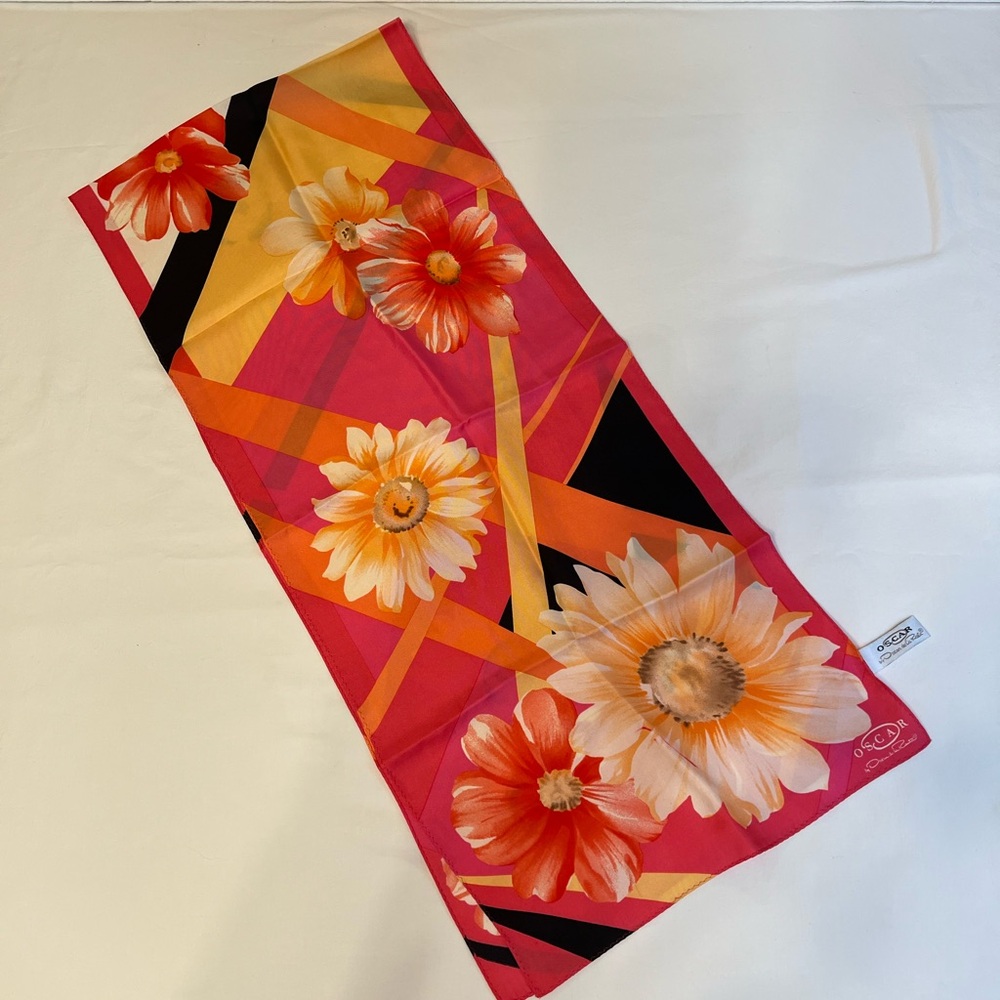Oscar de la Renta pink & yellow daisies long silk scarf red +black background